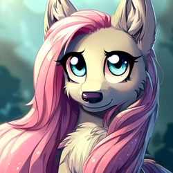 Size: 1000x1000 | Tagged: safe, imported from derpibooru, fluttershy, wolf, ai content, ai generated, flutterwolf, generator:stable diffusion, looking at you, solo, species swap, wolfified