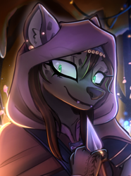 Size: 1803x2427 | Tagged: safe, artist:opal_radiance, imported from derpibooru, oc, oc only, unnamed oc, hyena, equestria at war mod, clothes, eyebrows, high res, hood, hyena oc, smiling, solo