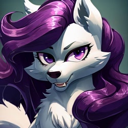 Size: 1000x1000 | Tagged: safe, imported from derpibooru, rarity, wolf, ai content, ai generated, bedroom eyes, generator:stable diffusion, looking at you, smiling, smiling at you, solo, species swap, wolfified, wolfity