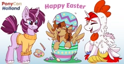 Size: 1281x670 | Tagged: safe, artist:julunis14, artist:pucksterv, imported from derpibooru, oc, oc only, oc:poffertje, oc:stroopwafeltje, pegasus, pony, unicorn, animal costume, brush, chicken suit, clothes, costume, easel, easter egg, gradient background, mascot, netherlands, ponycon holland, trio