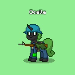 Size: 833x826 | Tagged: safe, imported from derpibooru, oc, oc only, oc:ocelle, changeling, fallout equestria, ashes town, blockhouse security, changeling oc, green changeling, in old geneva, security guard, security officer