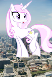 Size: 1920x2880 | Tagged: safe, artist:missgoldendragon, edit, editor:jaredking779, imported from derpibooru, fleur-de-lis, pony, unicorn, california, female, giant pony, giant unicorn, giantess, high res, highrise ponies, irl, looking at you, los angeles, macro, mare, mega giant, open mouth, photo, ponies in real life, raised hoof, solo