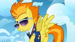 Size: 2160x1213 | Tagged: safe, imported from derpibooru, screencap, spitfire, pegasus, pony, wonderbolts academy, clothes, cloud, cloudsdale, drill sergeant, female, mare, necktie, needs more jpeg, solo, spread wings, suit, sunglasses, uniform, whistle necklace, wings, wonderbolts dress uniform