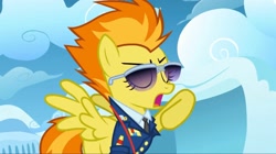 Size: 2160x1210 | Tagged: safe, imported from derpibooru, screencap, spitfire, pegasus, pony, wonderbolts academy, clothes, cloud, cloudsdale, drill sergeant, female, mare, necktie, needs more jpeg, solo, spread wings, suit, sunglasses, uniform, whistle necklace, wings, wonderbolts dress uniform