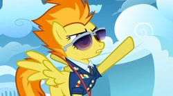 Size: 2160x1207 | Tagged: safe, imported from derpibooru, screencap, spitfire, pegasus, pony, wonderbolts academy, clothes, cloud, cloudsdale, drill sergeant, female, mare, necktie, needs more jpeg, pointing, solo, spread wings, suit, sunglasses, uniform, whistle necklace, wings, wonderbolts dress uniform