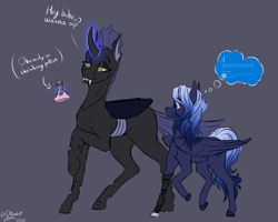 Size: 5000x4000 | Tagged: safe, artist:stardustspix, imported from derpibooru, oc, oc:anaxxa, oc:kyanite arc, changeling, pegasus, pony, absurd resolution, amputee, blue changeling, blue coat, blue eyes, blue mane, blue screen of death, colored eyebrows, colored eyelashes, dialogue, duo, eyeshadow, fangs, female, gradient mane, larger female, levitation, lidded eyes, magic, magic aura, makeup, male, open mouth, potion, prosthetic leg, prosthetic limb, prosthetics, simple background, size difference, smaller male, smiling, solo, stallion, telekinesis, thought bubble, wings, yellow eyes