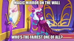 Size: 888x499 | Tagged: safe, edit, edited screencap, imported from derpibooru, screencap, opaline arcana, alicorn, pony, spoiler:g5, spoiler:my little pony: tell your tale, spoiler:tyts01e50, caption, g5, image macro, meme, mirror, my little pony: tell your tale, opaline alone, snow white and the seven dwarfs, solo, text
