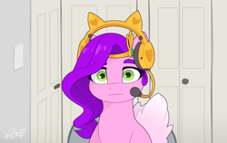 Size: 2447x1546 | Tagged: safe, artist:rivin177, imported from derpibooru, pipp petals, pegasus, pony, bust, chair, female, front view, g5, headphones, linus tech tips, looking at you, mare, meme, microphone, neutral, room, sitting, solo, staring at you, staring into your soul, wings