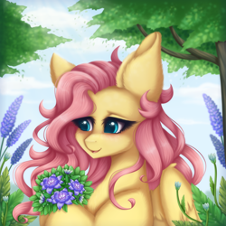 Size: 2000x2000 | Tagged: safe, artist:saltyvity, imported from derpibooru, fluttershy, pegasus, pony, big eyes, blushing, complex background, cute, ear fluff, embarrassed, flower, fluffy, forest, forest background, grass, green eyes, happy, leaf, pink mane, shyabetes, sky, smiley face, solo, sparkles, summer, summer sunset, sun, tree