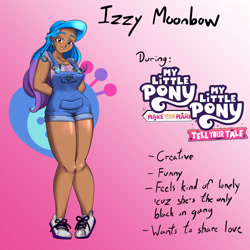 Size: 1080x1080 | Tagged: safe, alternate version, artist:jackudoggy, imported from derpibooru, izzy moonbow, human, breasts, busty izzy moonbow, clothes, dark skin, female, g5, gradient background, headcanon, humanized, my little pony: make your mark, my little pony: tell your tale, overall shorts, overalls, solo, sports shoes