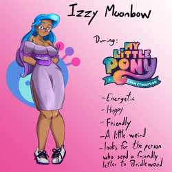 Size: 1080x1080 | Tagged: safe, alternate version, artist:jackudoggy, imported from derpibooru, izzy moonbow, human, breasts, busty izzy moonbow, clothes, dark skin, dress, female, g5, glasses, gradient background, headcanon, humanized, my little pony: a new generation, solo, sports shoes