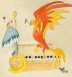 Size: 2873x3067 | Tagged: safe, artist:opti, imported from derpibooru, oc, oc:guiding light, phoenix, cute, heart, musical instrument, piano, singing, species swap, traditional art