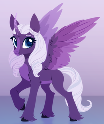 Size: 3000x3570 | Tagged: safe, artist:belka-sempai, imported from derpibooru, opaline arcana, alicorn, pony, spoiler:g5, aside glance, blaze (coat marking), chest fluff, coat markings, colored hooves, colored wings, curved horn, cute, elbow fluff, eyebrows, facial markings, female, g5, gradient background, high res, horn, looking at you, mare, multicolored wings, opalinebetes, pale belly, raised hoof, redesign, smiling, smiling at you, solo, spread wings, standing, three quarter view, unshorn fetlocks, wings