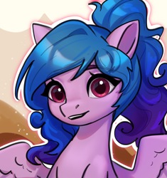 Size: 1830x1946 | Tagged: safe, artist:rily, imported from derpibooru, izzy moonbow, pegasus, pony, bust, female, g5, hair tie, looking at you, mare, ponytail, race swap, smiling, solo