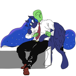 Size: 3508x3508 | Tagged: safe, artist:ponny, imported from derpibooru, princess luna, oc, oc:anon, alicorn, human, pony, button-up shirt, clothes, cuddling, cute, dress shirt, female, hug, hug from behind, human on pony snuggling, red shoes, shirt, simple background, snuggling, white background