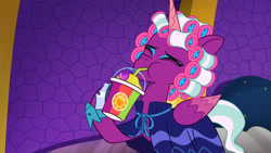 Size: 3072x1727 | Tagged: safe, imported from derpibooru, screencap, opaline arcana, alicorn, pony, spoiler:g5, spoiler:my little pony: tell your tale, spoiler:tyts01e50, drink, drinking, eyes closed, female, g5, hair curlers, mare, my little pony: tell your tale, opaline alone, smoothie, solo