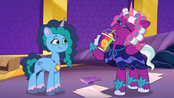 Size: 3072x1727 | Tagged: safe, imported from derpibooru, screencap, opaline arcana, alicorn, pony, unicorn, spoiler:g5, spoiler:my little pony: tell your tale, spoiler:tyts01e50, drink, drinking, duo, duo female, eyes closed, female, g5, hair curlers, mare, misty brightdawn, my little pony: tell your tale, opaline alone, smiling, smoothie