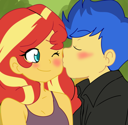Size: 1049x1024 | Tagged: safe, artist:studiodraw, color edit, edit, imported from derpibooru, flash sentry, sunset shimmer, human, equestria girls, blushing, cheek kiss, colored, eye color change, eyes closed, female, flashimmer, kissing, male, one eye closed, shipping, smiling, straight