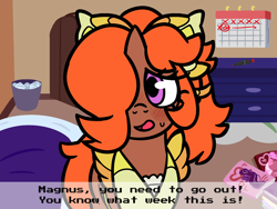 Size: 2508x1884 | Tagged: safe, artist:moonseeker, imported from derpibooru, oc, oc only, oc:lily cureheart, unicorn, april fools, bedroom, blushing, calendar, door, dresser, fake screenshot, female, futon, hair over one eye, horn, implied estrus, magazine, mare, pen, ponytail, ribbon, solo, style emulation, sweat, trash can, unicorn oc