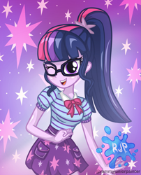 Size: 2015x2490 | Tagged: safe, artist:rjp.rammy, imported from derpibooru, sci-twi, twilight sparkle, human, equestria girls, equestria girls series, bowtie, breasts, cute, cutie mark, female, glasses, looking at you, one eye closed, open mouth, open smile, ponytail, signature, smiling, smiling at you, solo, twiabetes, wink, winking at you