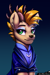 Size: 2000x3000 | Tagged: safe, alternate version, artist:jedayskayvoker, imported from derpibooru, oc, oc:laurits rutger, deer, antlers, bust, clothes, cute, deer oc, ear fluff, eyebrows, gradient background, icon, makeup, male, non-pony oc, patreon, patreon reward, portrait, raised eyebrow, smiling, solo