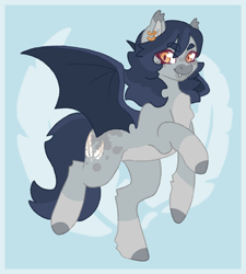 Size: 1350x1500 | Tagged: safe, artist:nyrillen, imported from derpibooru, oc, oc only, bat pony, pony, pony town, bat pony oc, blue background, blue mane, body markings, ear piercing, facial markings, fangs, female, mare, piercing, pony oc, simple background, solo, spread wings, wings