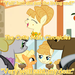 Size: 3072x3072 | Tagged: safe, edit, edited screencap, editor:itsmgh1203, imported from derpibooru, screencap, applejack, aunt orange, earth pony, pony, season 1, the cutie mark chronicles, eyes closed, female, filly, filly applejack, grin, male, mare, open mouth, open smile, smiling, stallion, text, younger