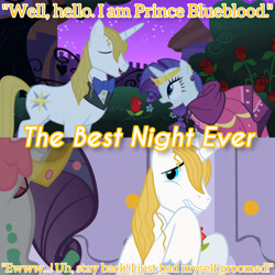Size: 3072x3072 | Tagged: safe, edit, edited screencap, editor:itsmgh1203, imported from derpibooru, screencap, prince blueblood, rarity, earth pony, pony, unicorn, season 1, the best night ever, clothes, dress, duo, duo male and female, eyes closed, female, gala dress, male, mare, night, open mouth, open smile, smiling, stallion, text