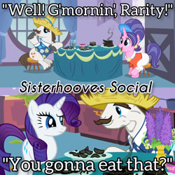 Size: 3072x3072 | Tagged: safe, edit, edited screencap, editor:itsmgh1203, imported from derpibooru, screencap, cookie crumbles, hondo flanks, rarity, pony, unicorn, season 2, sisterhooves social, burnt, carousel boutique, female, male, mare, open mouth, open smile, smiling, stallion, text, trio