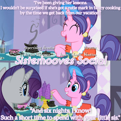 Size: 3072x3072 | Tagged: safe, edit, edited screencap, editor:itsmgh1203, imported from derpibooru, screencap, cookie crumbles, rarity, pony, unicorn, season 2, sisterhooves social, ^^, burnt, carousel boutique, duo, duo female, eyes closed, female, mare, open mouth, open smile, smiling, text