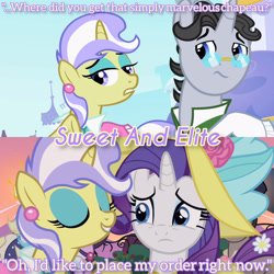 Size: 3072x3072 | Tagged: safe, edit, edited screencap, editor:itsmgh1203, imported from derpibooru, screencap, jet set, rarity, upper crust, pony, unicorn, season 2, sweet and elite, eyes closed, female, frown, male, mare, smiling, stallion, text, trio
