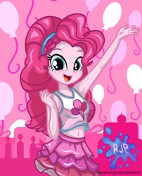 Size: 1080x1335 | Tagged: safe, alternate version, artist:rjp.rammy, imported from derpibooru, pinkie pie, human, equestria girls, equestria girls series, armpits, bare shoulders, belly button, blushing, breasts, busty pinkie pie, clothes, cute, cutie mark on clothes, diapinkes, female, looking at you, open mouth, open smile, reasonably sized breasts, signature, sleeveless, smiling, smiling at you, solo, tanktop