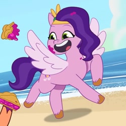 Size: 1008x1008 | Tagged: safe, imported from derpibooru, screencap, pipp petals, sunny starscout, earth pony, pegasus, pony, spoiler:g5, spoiler:my little pony: tell your tale, spoiler:tyts01e50, adorapipp, beach, cute, female, food, g5, mare, my little pony: tell your tale, offscreen character, opaline alone, open mouth, pie, smiling, solo, spread wings, wings