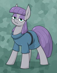 Size: 1461x1875 | Tagged: safe, artist:moonatik, imported from derpibooru, maud pie, earth pony, pony, abstract background, belt, clothes, dress, eyeshadow, female, looking at you, makeup, mare, solo