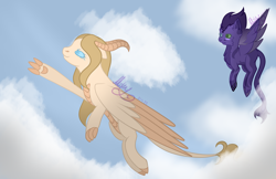 Size: 5400x3500 | Tagged: safe, artist:thecommandermiky, imported from derpibooru, oc, oc:artura, oc:miky command, dragon, hybrid, pegasus, pony, blushing, claws, cloud, cloudy, duo, duo female, female, horn, long tail, looking at someone, looking up, mare, paws, pegasus oc, sky, spots, spread wings, tail, wings