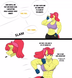 Size: 3777x4096 | Tagged: safe, artist:matchstickman, imported from derpibooru, apple bloom, anthro, earth pony, abs, apple bloom's bow, apple brawn, armpits, biceps, bow, breasts, busty apple bloom, clothes, comic, deltoids, dialogue, female, fingerless gloves, gloves, grin, hair bow, implied applejack, looking at you, mare, matchstickman's apple brawn series, muscles, muscular female, offscreen character, older, older apple bloom, pecs, simple background, smiling, solo, speech bubble, white background