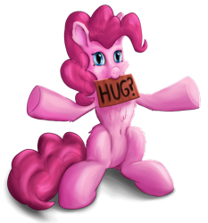 Size: 1150x1235 | Tagged: safe, artist:callichrome, imported from derpibooru, pinkie pie, earth pony, pony, 1000 hours in ms paint, belly button, female, fluffy, hind legs, hug request, looking at you, nightmare fuel, sign, simple background, sitting, solo, standing on two hooves, tail, text, transparent background