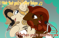 Size: 2148x1395 | Tagged: safe, artist:beardie, imported from derpibooru, oc, oc only, oc:hyra glyph, oc:teuila, okapi, pony, cute, duet, duo, duo female, female, looking at each other, looking at someone, mare, microphone, open mouth, open smile, singing, smiling