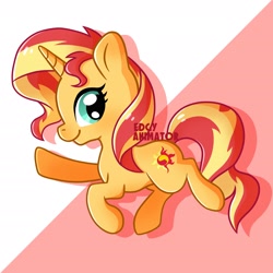 Size: 2700x2700 | Tagged: safe, artist:edgyanimator, derpibooru exclusive, imported from derpibooru, part of a set, sunset shimmer, pony, unicorn, beautiful, cel shading, chibi, colored, colored lineart, cute pony, cyan eyes, digital art, drop shadow, eyelashes, female, firealpaca, full body, horn, looking sideways, looking to the right, mare, multicolored hair, multicolored mane, multicolored tail, orange coat, orange fur, profile, quadrupedal, raised hoof, raised hooves, red background, red hair, red mane, red tail, shading, signature, simple background, simple shading, smiling, solo, tail, yellow hair, yellow mane, yellow tail