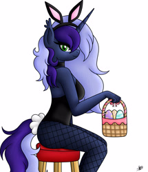 Size: 3000x3492 | Tagged: safe, artist:princessmoonsilver, imported from derpibooru, oc, oc only, oc:krystel, anthro, unicorn, basket, bunny ears, bunny suit, clothes, commission, costume, easter basket, easter egg, female, panties, sexy, simple background, solo, underwear, white background, ych example, ych result, your character here