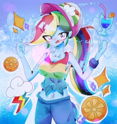 Size: 2297x2448 | Tagged: safe, artist:applejack_yokai, imported from derpibooru, rainbow dash, human, equestria girls, drink, female, hat, midriff, orange slices, solo