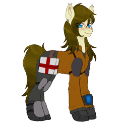 Size: 5800x5800 | Tagged: safe, artist:azusa, imported from derpibooru, oc, oc only, oc:dusty heartwood, earth pony, pony, fallout equestria, armor, ashes town, bag, blue eyes, brown mane, ear piercing, earring, facial scar, jewelry, medic, medical saddlebag, piercing, pipbuck, red cross, scar, simple background, solo, transparent background
