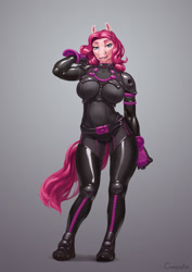 Size: 778x1100 | Tagged: safe, artist:conqista, imported from derpibooru, oc, anthro, earth pony, horse, armor, belly button, blue eyes, boots, breasts, clothes, eyebrows, eyelashes, female, hips, lidded eyes, looking at you, looking forward, pink hair, science fiction, shoes, skintight clothes, smiling, snout, solo, spacesuit, tail, thighs, waist