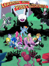 Size: 7500x10000 | Tagged: safe, artist:chedx, imported from derpibooru, applejack, fluttershy, lord tirek, pinkie pie, rainbow dash, rarity, twilight sparkle, comic:learning with pibby glitch battles, boxy boo, bugs bunny, bun bun, comic, cover, crossover, fight, huggy wuggy, mane six, mordecai, multiverse, pearl (steven universe), pibby, poppy playtime, regular show, sonic the hedgehog, sonic the hedgehog (series), spear, spongebob squarepants, spongebob squarepants (character), steven universe, tom and jerry, tom cat, weapon