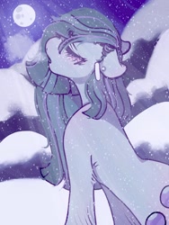 Size: 1536x2048 | Tagged: safe, artist:rare-apples, imported from derpibooru, marble pie, earth pony, pony, 2d, digital art, eyes closed, female, floppy ears, long mane, looking up, mare, night, snow, snowfall, solo, winter