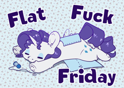 Size: 7016x4961 | Tagged: safe, artist:cutepencilcase, imported from derpibooru, rarity, pony, unicorn, abstract background, eyes closed, fabric, flat, flat fuck friday, flop, friday, lying down, prone, sewing needle, solo, sploot, thread, vulgar