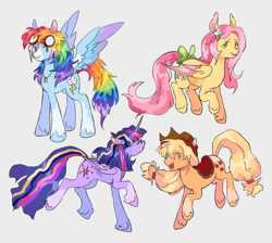 Size: 2047x1838 | Tagged: safe, artist:mapleeheart, imported from derpibooru, applejack, fluttershy, rainbow dash, twilight sparkle, alicorn, bat pony, earth pony, pegasus, pony, accessory, bat ponified, bow, flutterbat, goggles, gray background, group, open mouth, quadrupedal, race swap, simple background, tail, tail bow, twilight sparkle (alicorn)