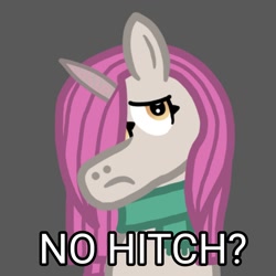 Size: 1000x1000 | Tagged: safe, artist:iarmista, imported from derpibooru, pony, unicorn, clothes, female, g5, gray background, hair over one eye, implied hitch trailblazer, mare, meme, no bitches?, ponified meme, primrose (g5), sad, scarf, simple background, solo