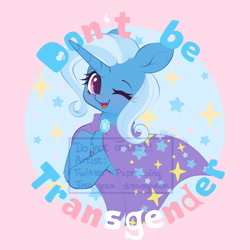 Size: 1500x1500 | Tagged: safe, artist:dreamyveon_, edit, imported from ponybooru, trixie, pony, unicorn, female, lgbt, looking at you, mare, mouthpiece, obtrusive watermark, one eye closed, open mouth, open smile, smiling, smiling at you, solo, sparkles, watermark, wink, winking at you