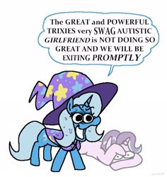 Size: 2164x2292 | Tagged: safe, artist:punkittdev, imported from derpibooru, starlight glimmer, trixie, pony, unicorn, cape, clothes, cowering, dialogue, duo, duo female, female, hat, humor, open mouth, speech bubble, talking, trixie's cape, trixie's hat